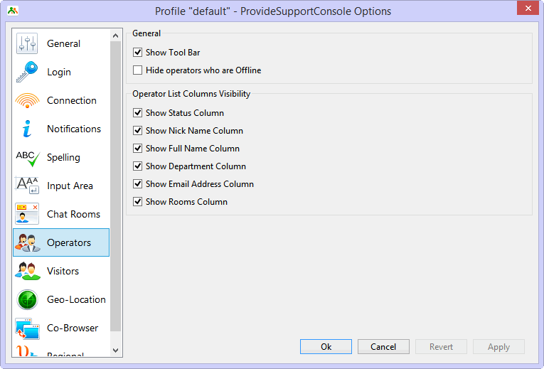 Operators tab settings