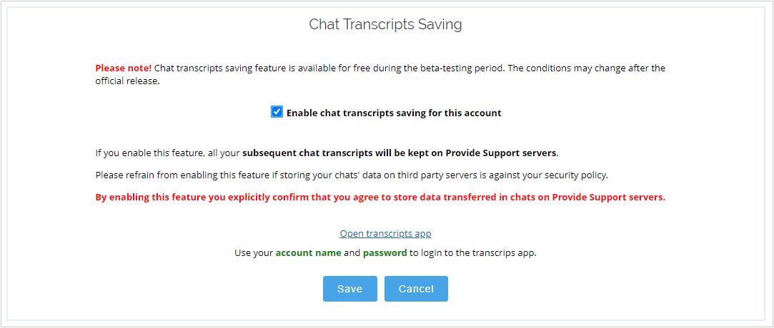 Chat transcripts storage
