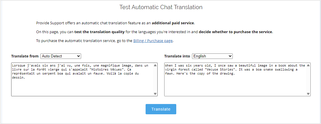 The form to test automatic chat translation quality