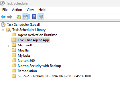 Screenshot of Live Chat Agent App folder in the Windows scheduler library