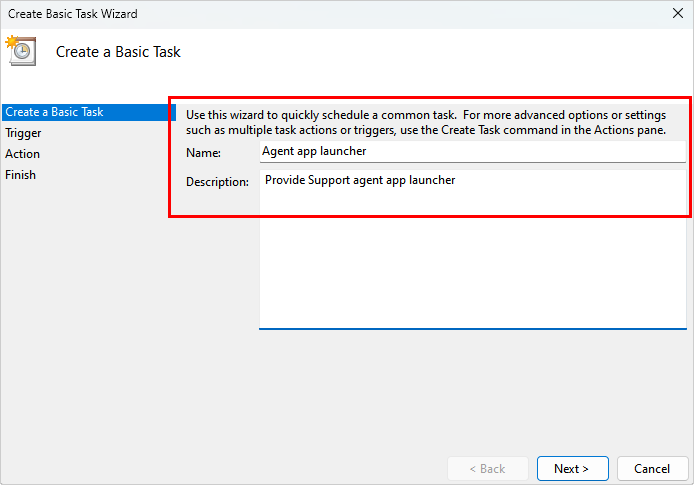 Screenshot of a task name and description fields in Windows scheduler