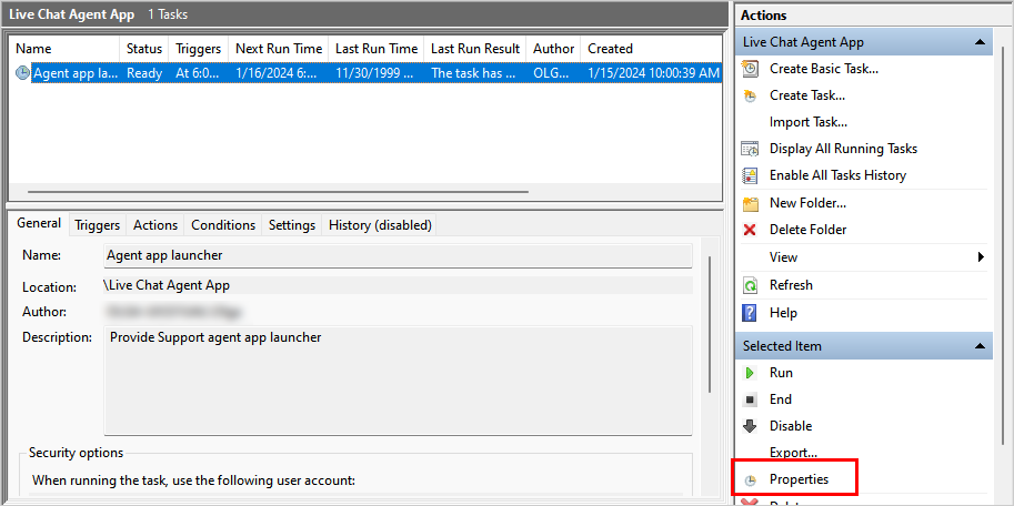 Screenshot of a task options in Windows scheduler