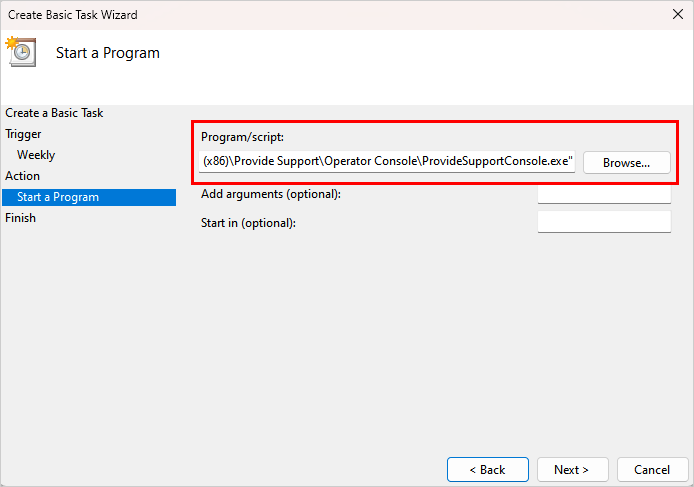 Screenshot of a Start a Program action options in Windows scheduler