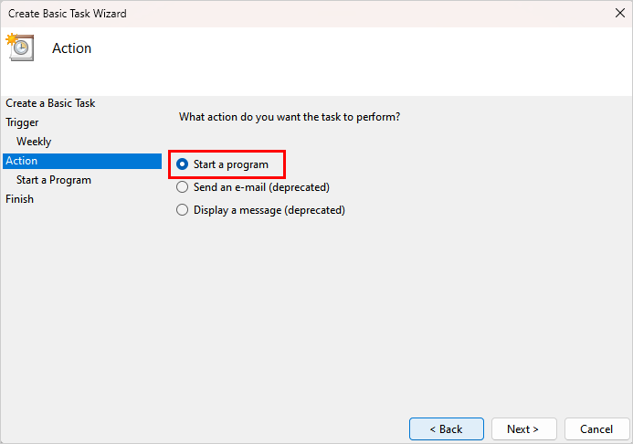 Screenshot of a trigger action options in Windows scheduler