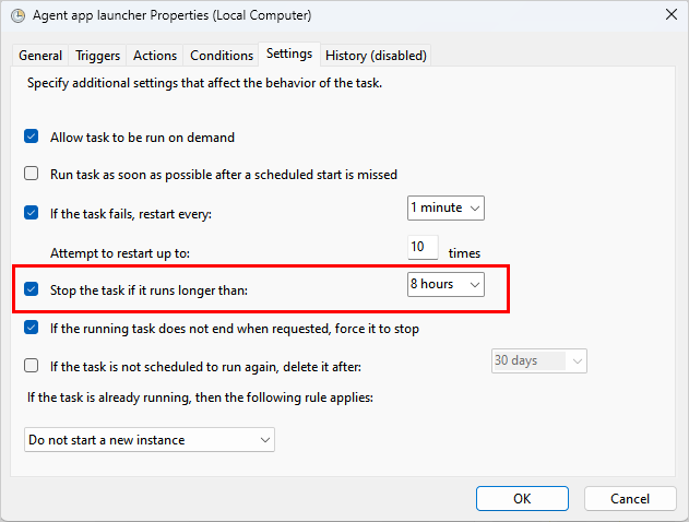 Screenshot of a task rerun and stop options in Windows scheduler