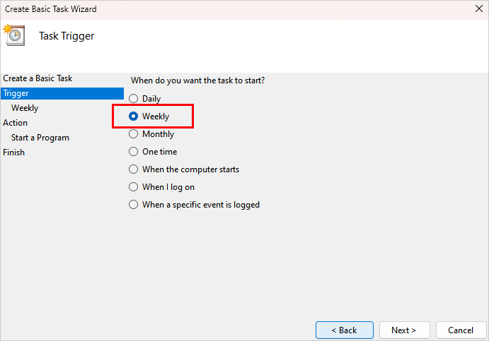 Screenshot of a task trigger options in Windows scheduler