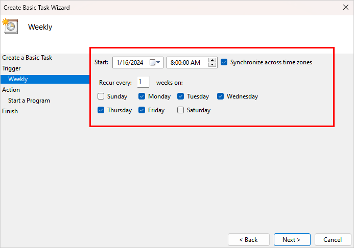 Screenshot of a weekly trigger options in Windows scheduler