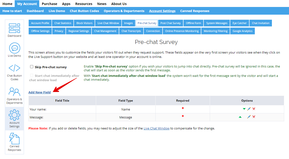Screenshot of pre-chat survey settings - adding new field