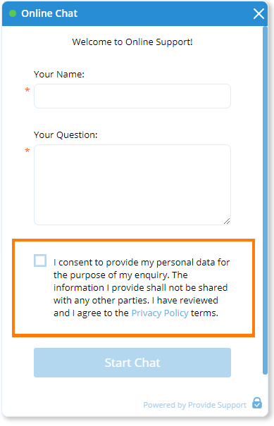 Personal data processing consent on the Start Chat form