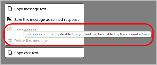 消息上下文菜单的屏幕截图，其中编辑和删除选项已被禁用。
