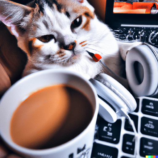 This image was generated by artificial intelligence from a text description Image with a cat, earphones, coffee and leptop generated by OpenAIs DALL-E