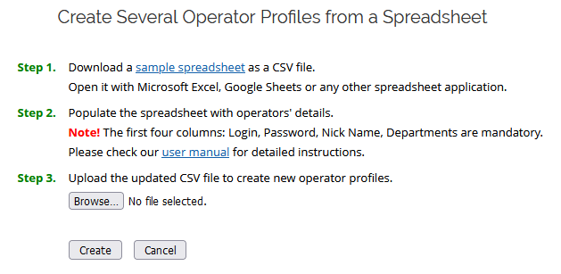 Screenshot the form to upload the CSV file with new operators' data
