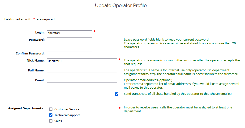 Screenshot of operator profile fields